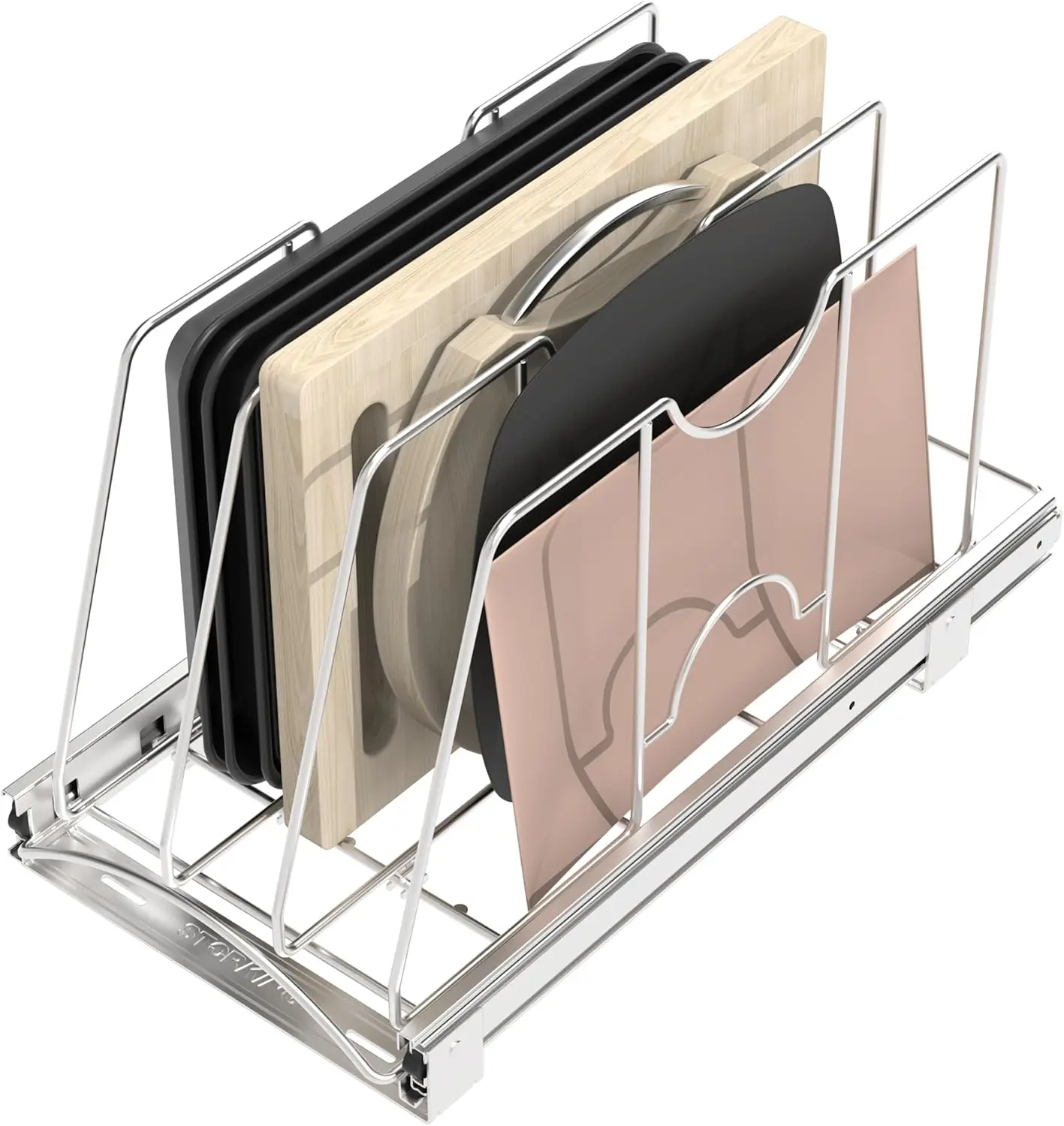 Heavy Duty Pull Out Cookie Sheet Organizer for Cabinet, Adjustable Dividers, Chrome, 10"W x 22"D x 11"H
Heavy Duty Pull Out Cookie Sheet Organizer for Cabinet, Adjustable Dividers, Chrome, 10"W x 22"D x 11"H