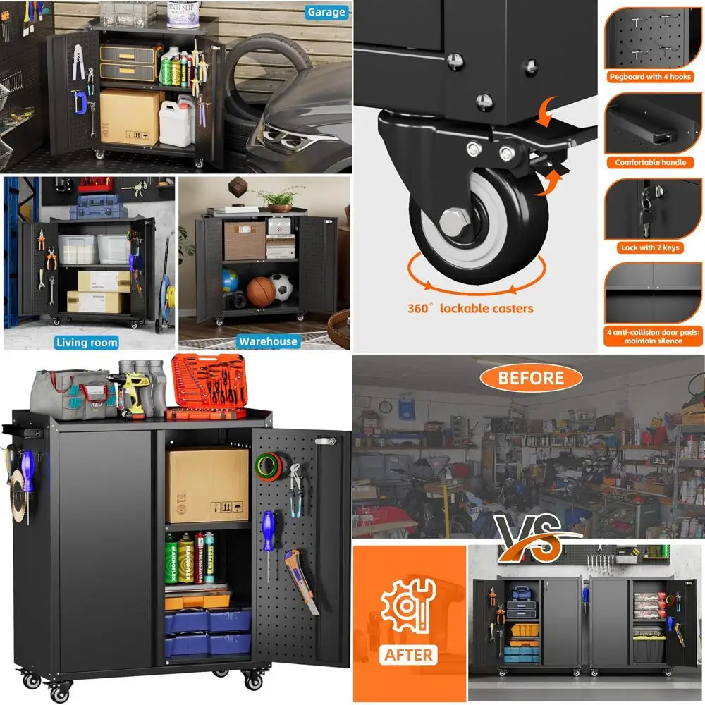 34.3 Metal Storage Cabinet on Wheels, Lockable Rolling Tool Cabinet with 2 Pegboards and 1 Adjustable Shelf for Garage, Assembly
34.3 Metal Storage Cabinet on Wheels, Lockable Rolling Tool Cabinet with 2 Pegboards and 1 Adjustable Shelf for Garage, Assembly