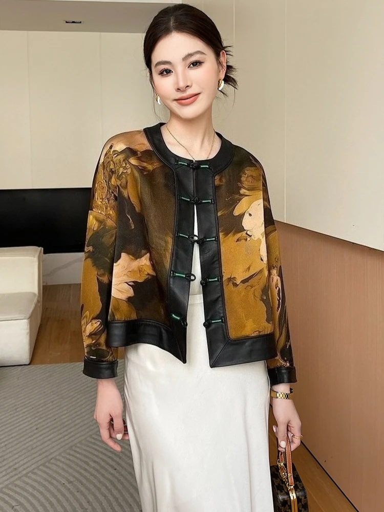 O-neck Elegant Genuine Leather Jackets for Women Spring Autumn Simple Vintage Short Mulberry Silk Printed Real Sheepskin Coat
O-neck Elegant Genuine Leather Jackets for Women Spring Autumn Simple Vintage Short Mulberry Silk Printed Real Sheepskin Coat