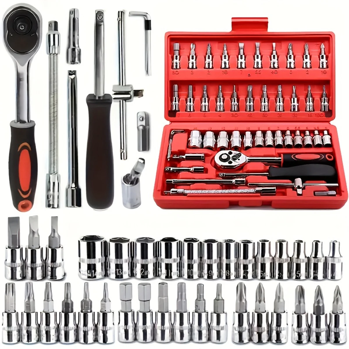 46pcs/set Auto Repair Tool Kit 1/4 Inch Socket Set Auto Repair Tools Ratchet Torque Wrench Combination Auto Repair Tool Set
46pcs/set Auto Repair Tool Kit 1/4 Inch Socket Set Auto Repair Tools Ratchet Torque Wrench Combination Auto Repair Tool Set
