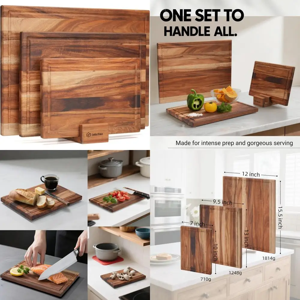 Non-Slip Acacia Wood Cutting Board Set with Stand, 3 Piece Knife-Friendly Kitchen Set, Thick Butcher Block, 0.7 Thick for Durabi
Non-Slip Acacia Wood Cutting Board Set with Stand, 3 Piece Knife-Friendly Kitchen Set, Thick Butcher Block, 0.7 Thick for Durabi