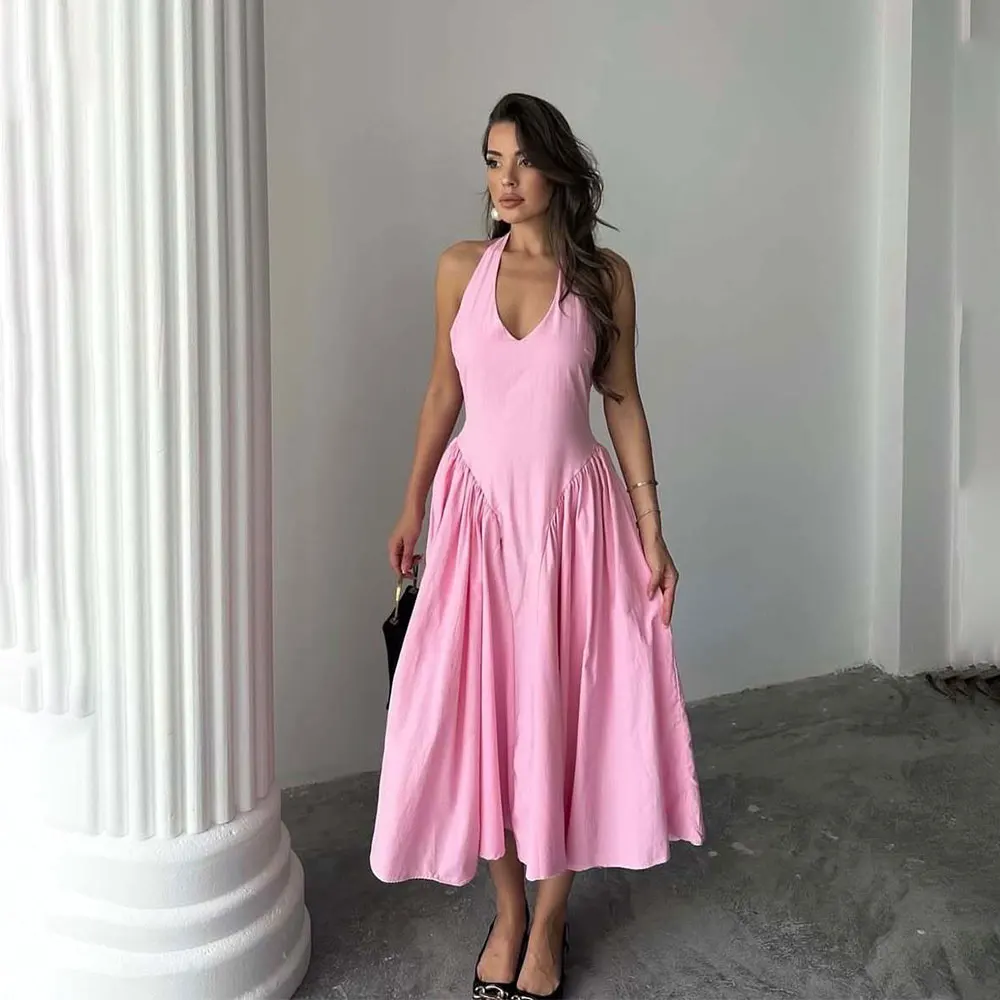 Fancy Sexy Halter A Line Evening Dress Saudi Arabia Pink Taffeta Prom Gown Tea Length Deep V Neck Formal Dresses Customized
Fancy Sexy Halter A Line Evening Dress Saudi Arabia Pink Taffeta Prom Gown Tea Length Deep V Neck Formal Dresses Customized