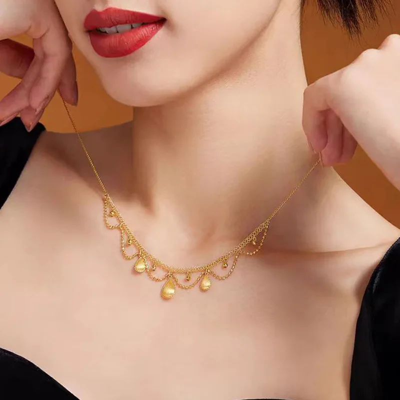 9999 24K real gold water drop lace chain gold necklace for women tassel hollow chain design pendant 5G brushed craft jewelry
9999 24K real gold water drop lace chain gold necklace for women tassel hollow chain design pendant 5G brushed craft jewelry