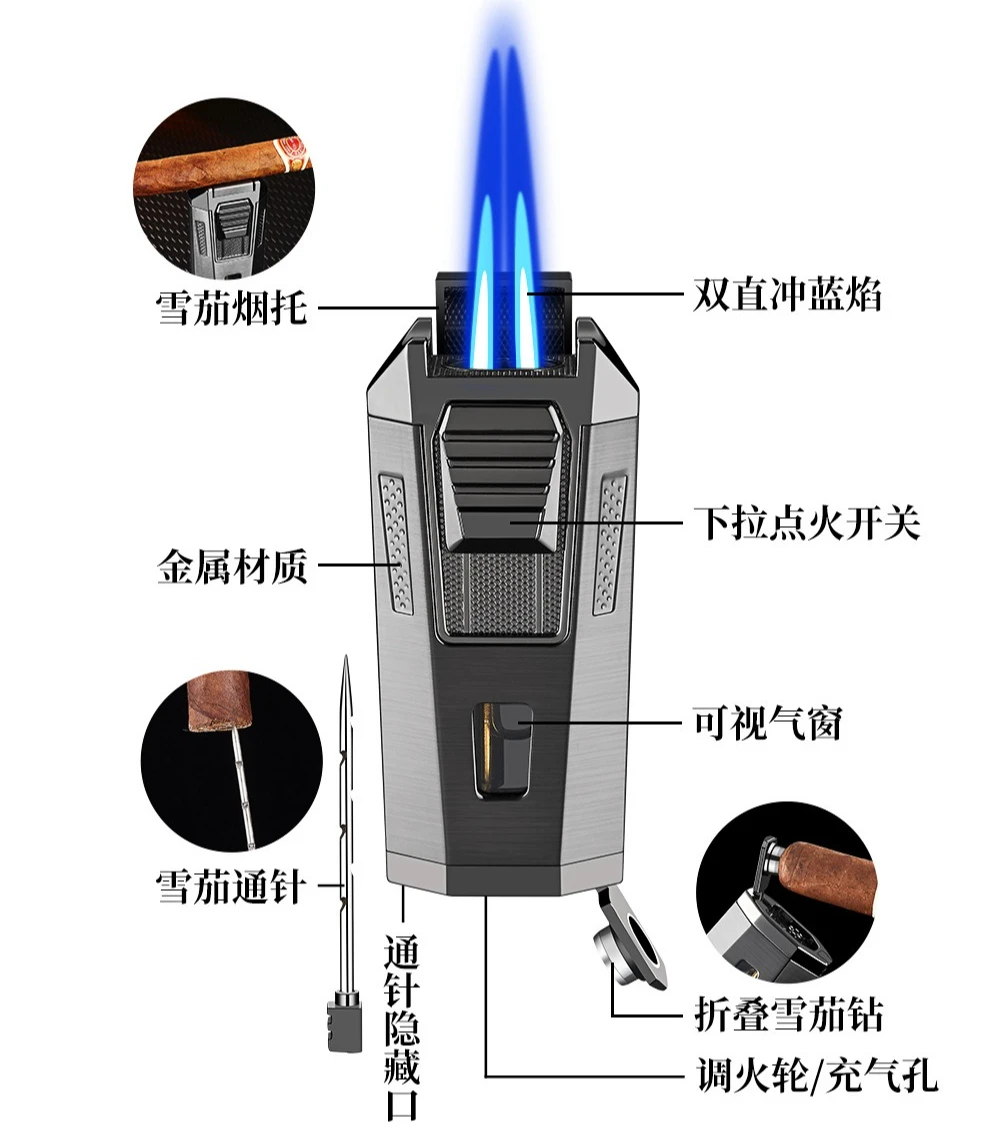 Multi-functional Windproof Lighter with Double Direct Jet Blue Flame Cigar Lighter Cigar Accessories High Quality Gift
Multi-functional Windproof Lighter with Double Direct Jet Blue Flame Cigar Lighter Cigar Accessories High Quality Gift