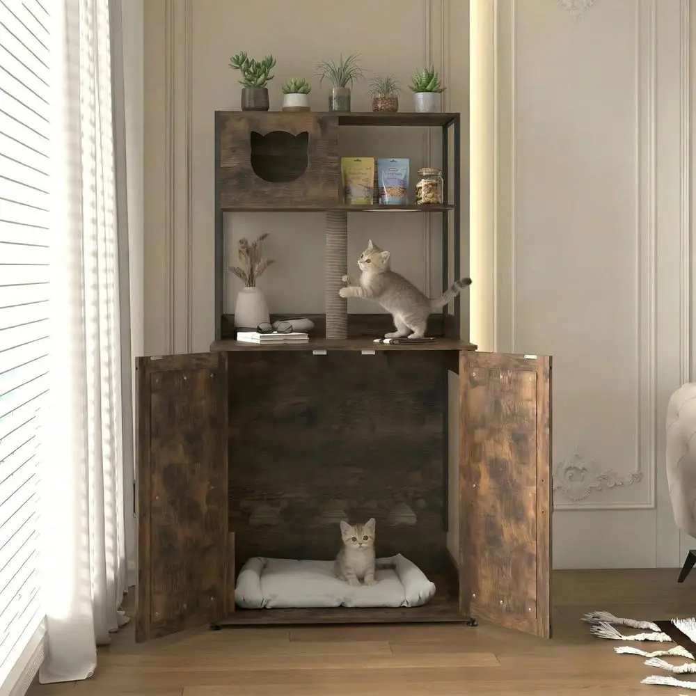 65 Large Rustic Brown Cat Litter Box Enclosure with Sisal Scratcher and Storage Cabinet
65 Large Rustic Brown Cat Litter Box Enclosure with Sisal Scratcher and Storage Cabinet