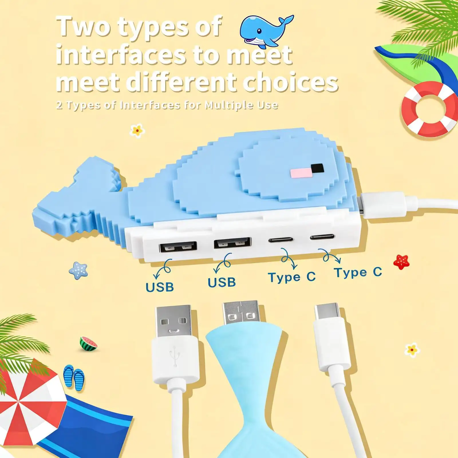 Cartoon Cute Pixel Whale USB Hub 4 in 1, USB A+Type C Port Expander, Kawaii Desk Decor for Laptop PC Keyboard Mouse USB Drive
Cartoon Cute Pixel Whale USB Hub 4 in 1, USB A+Type C Port Expander, Kawaii Desk Decor for Laptop PC Keyboard Mouse USB Drive