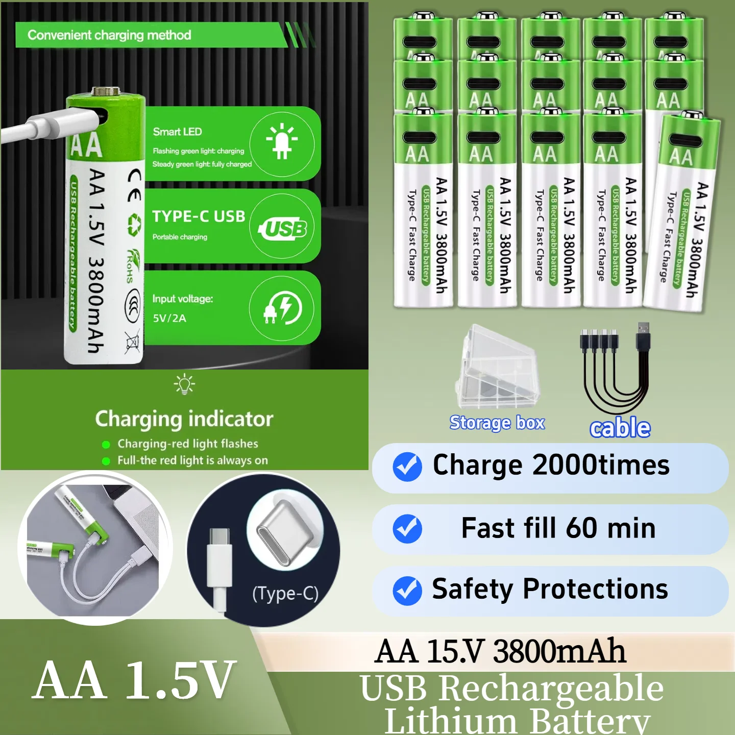 100% New AA 1.5V 3800mAh Li-ion Rechargeable Batteries with Fast USB Charging, Data Cable and Storage Box for Long Lasting Power
100% New AA 1.5V 3800mAh Li-ion Rechargeable Batteries with Fast USB Charging, Data Cable and Storage Box for Long Lasting Power