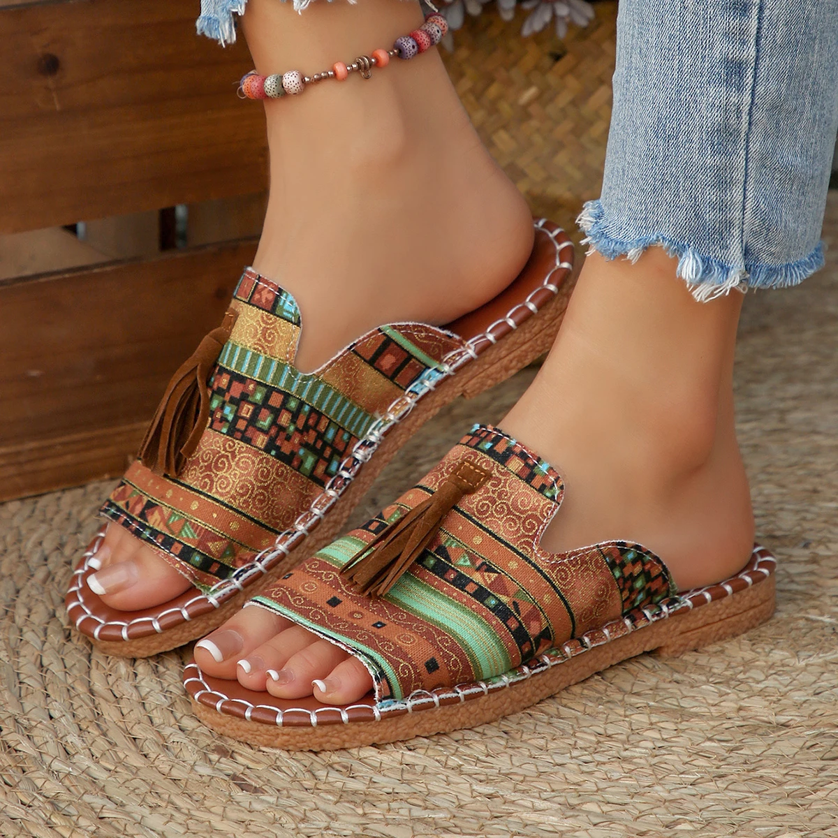 Comfortable Open Toe Slides for Women, Tribal Pattern with Tassel, Boho Casual Footwear 19 Sb3ce94d7e3a44f189435f11c1f58c4bbg