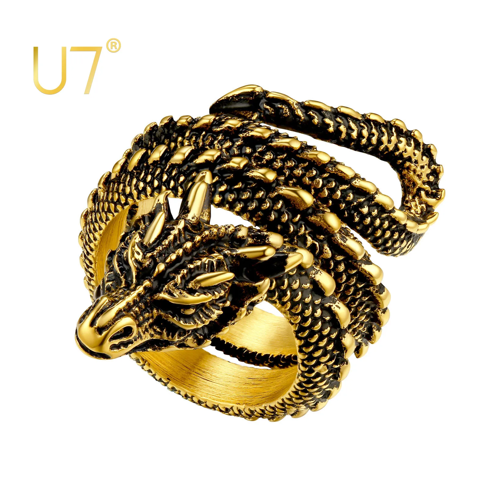 U7 Stainless Steel Dragon Rings for Men Women Punk Jewelry Black Retro 14K Gold Color Vivid Animal Full Dragon Head Wrap Rings
U7 Stainless Steel Dragon Rings for Men Women Punk Jewelry Black Retro 14K Gold Color Vivid Animal Full Dragon Head Wrap Rings