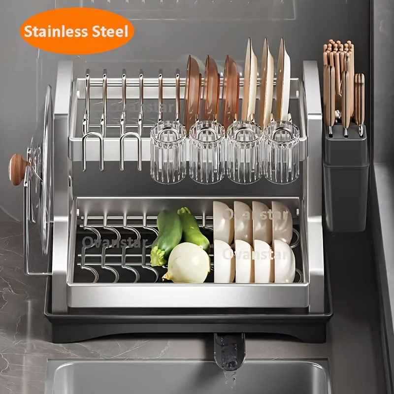 Real Stainless Steel Rust-Resistant 2 Layer SS Dish Rack, Space-Saving And Durable Kitchen Organizer And Storage, Automatic Drainage Drying Rack Holder for Dish, Bowl, Spoon, Knife, Chopsticks And Cups, Suitable for Kitchen Counter
Real Stainless Steel Rust-Resistant 2 Layer SS Dish Rack, Space-Saving And Durable Kitchen Organizer And Storage, Automatic Drainage Drying Rack Holder for Dish, Bowl, Spoon, Knife, Chopsticks And Cups, Suitable for Kitchen Counter