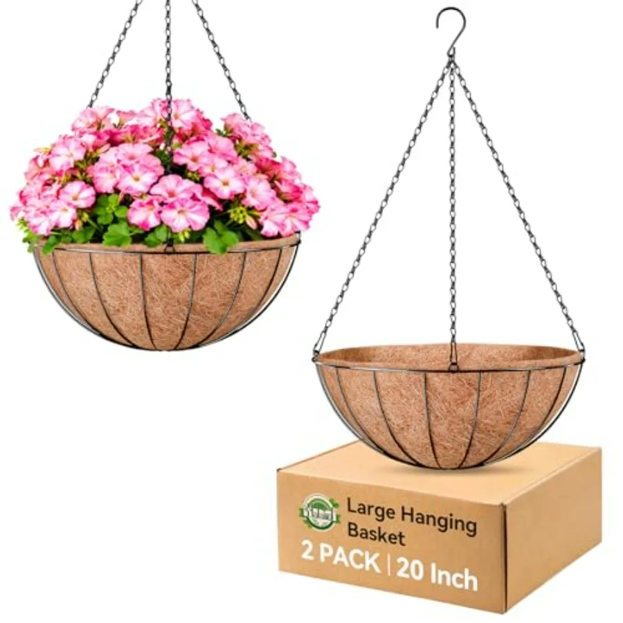 Outdoor hanging planters: 20-inch metal round baskets with coco liner, black finish, weather-resistant for garden flower decor
Outdoor hanging planters: 20-inch metal round baskets with coco liner, black finish, weather-resistant for garden flower decor