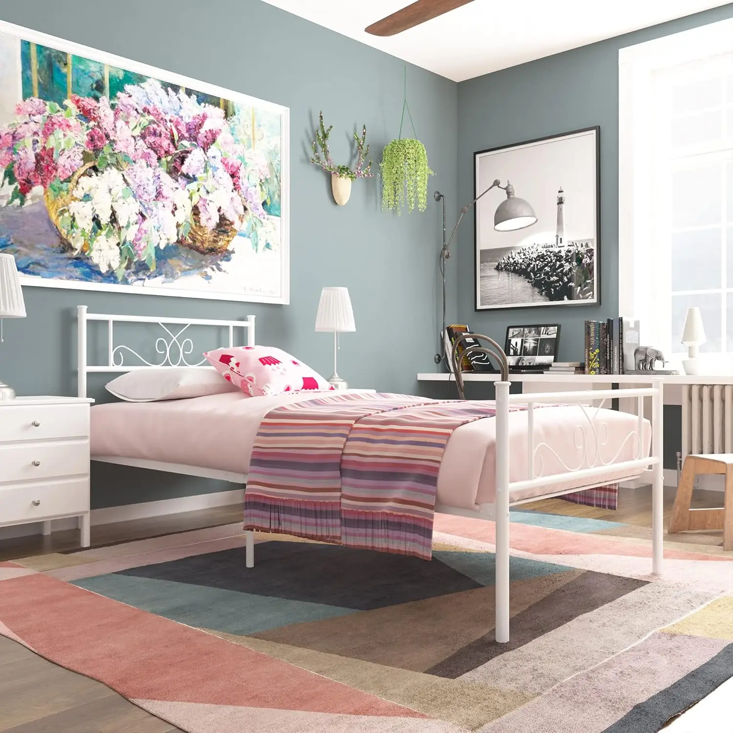 12.7 H Twin Size Metal Bed Frame With Headboard Platform Bed Steel Slat Support Mattress Foundation Easy Assembly White
12.7 H Twin Size Metal Bed Frame With Headboard Platform Bed Steel Slat Support Mattress Foundation Easy Assembly White