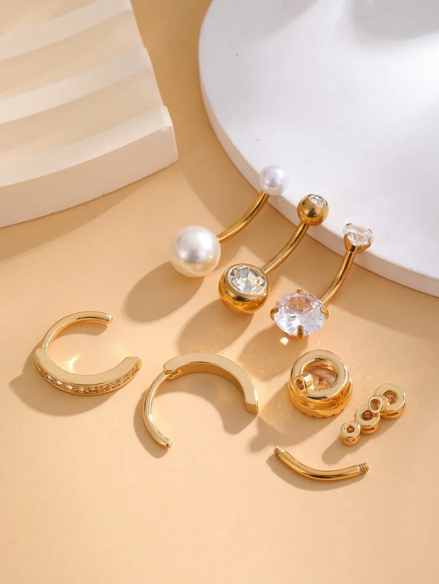 6pcs Gold-Tone Stainless Steel Navel Piercings With CZ Stones And Faux Pearls For Women’s Casual Wear
6pcs Gold-Tone Stainless Steel Navel Piercings With CZ Stones And Faux Pearls For Women’s Casual Wear
