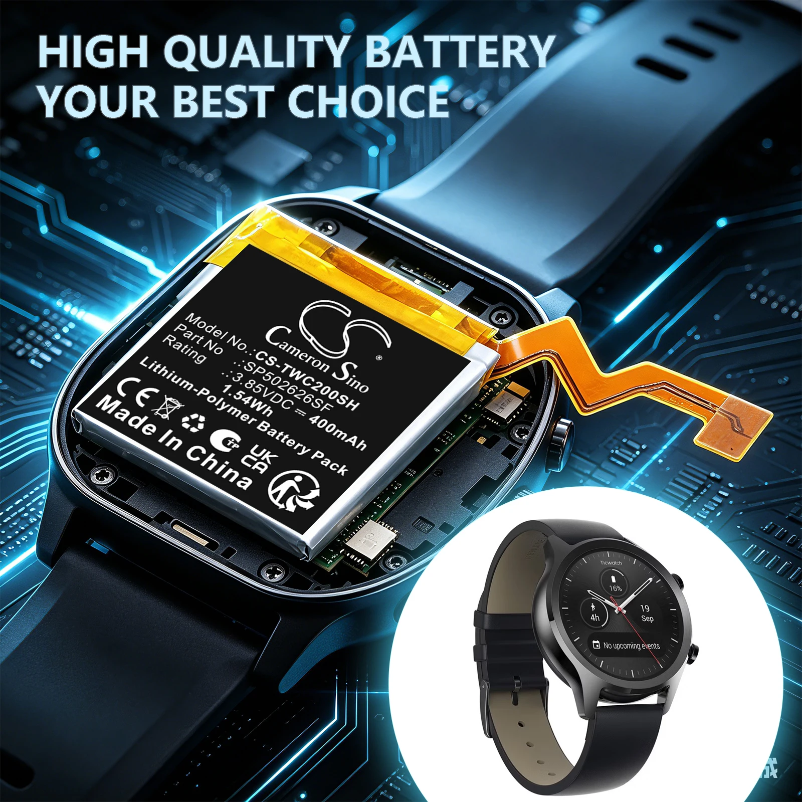 Cameron Sino 3.85V 400mAh Replacement Smartwatch Battery SP502626SF for Ticwatch C2 +TOOLS KIT
Cameron Sino 3.85V 400mAh Replacement Smartwatch Battery SP502626SF for Ticwatch C2 +TOOLS KIT