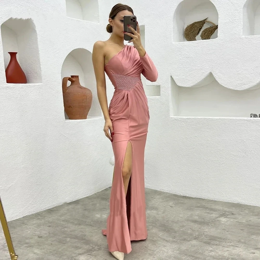 Romantic Pink Satin Mermaid Beadings Evening Dresses Formal Prom Gowns One Shoulder Long Sleeves Special Occasion Custom Made
Romantic Pink Satin Mermaid Beadings Evening Dresses Formal Prom Gowns One Shoulder Long Sleeves Special Occasion Custom Made