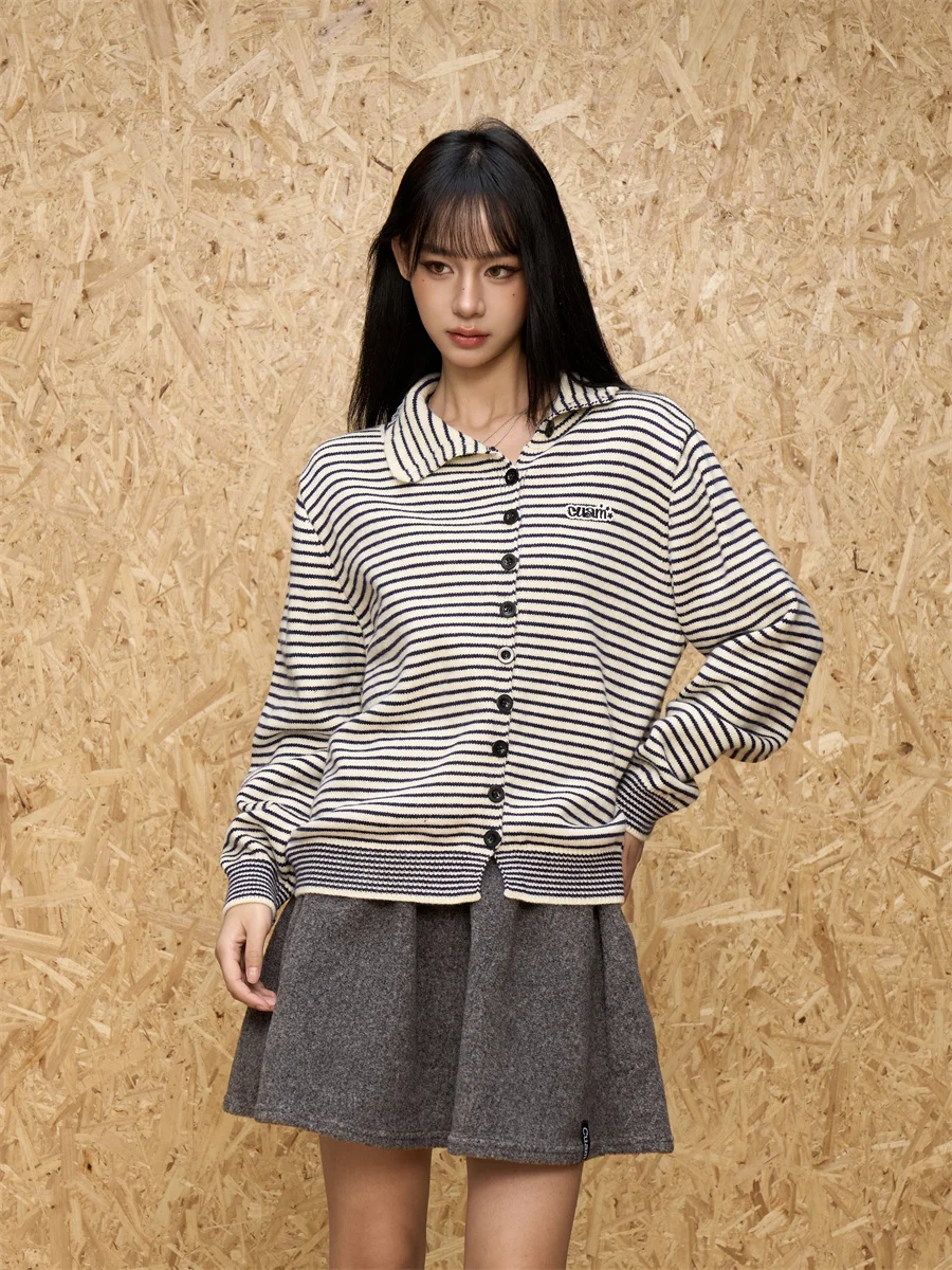 American College Sle Striped Collar Open Cardigan Sweater Women's Long Sve Slim Knitted Outerwear Spring 2026
American College Sle Striped Collar Open Cardigan Sweater Women's Long Sve Slim Knitted Outerwear Spring 2026