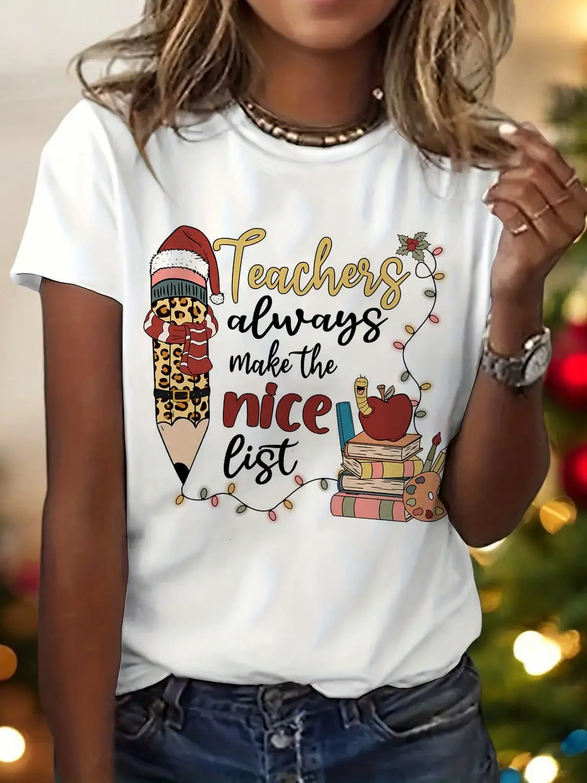 Women'S Casual T-Shirt With "Teachers Always Make The Nice List" Graphic Print, Short Sleeve Crew Neck Top For Summer & Spring, Knit Fabric With 5% Elastane, Regular Length - Teacher Appreciation Tee,Breathable And Comfortable Short-Sleeved Round-Neck Top
Women'S Casual T-Shirt With "Teachers Always Make The Nice List" Graphic Print, Short Sleeve Crew Neck Top For Summer & Spring, Knit Fabric With 5% Elastane, Regular Length - Teacher Appreciation Tee,Breathable And Comfortable Short-Sleeved Round-Neck Top