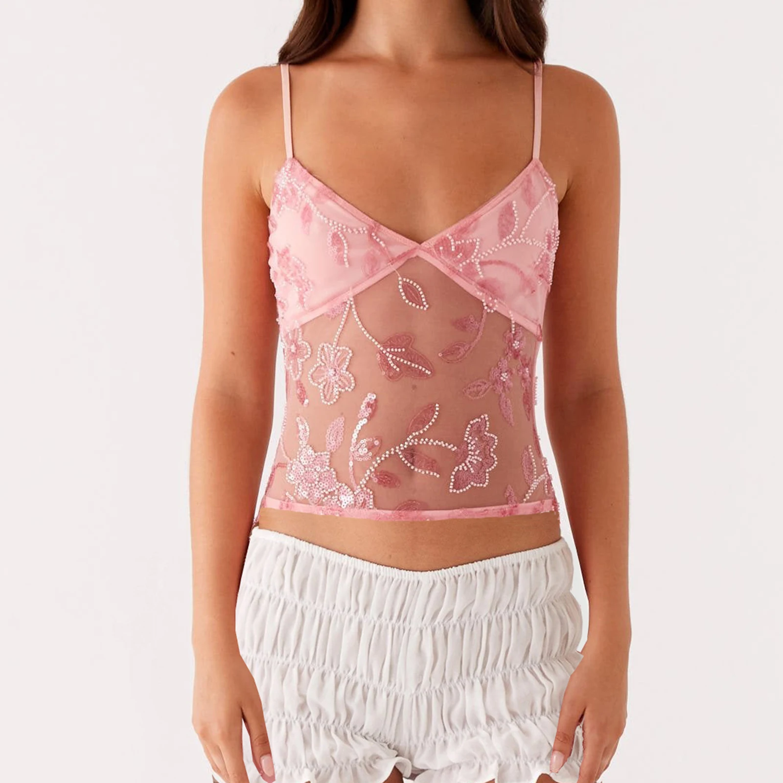 Women Summer Sheer Camisole Beads Sequin Floral Embroidery Backless Tank Tops Sleeveless Deep V neck Back Bandage Crop Tops
Women Summer Sheer Camisole Beads Sequin Floral Embroidery Backless Tank Tops Sleeveless Deep V neck Back Bandage Crop Tops