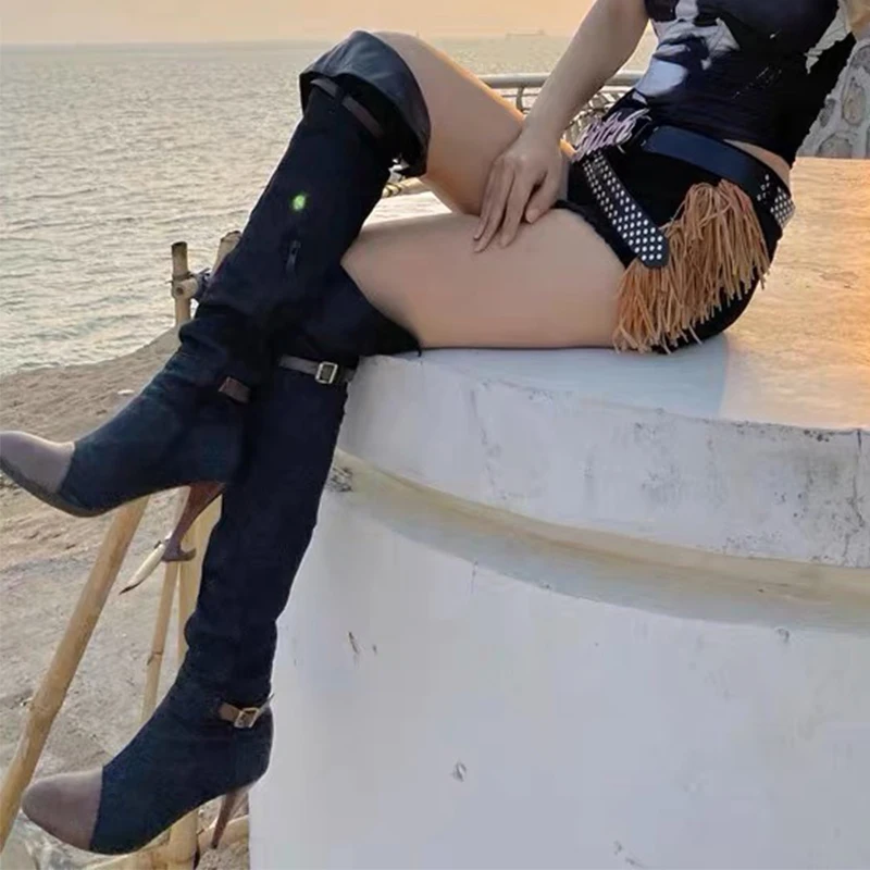 Splicing Denim Long Boots Pointed Toe Belt Detail Side Zip Stiletto Heels Cool Girl Street Fashion Shoes Over The Knee Boots
Splicing Denim Long Boots Pointed Toe Belt Detail Side Zip Stiletto Heels Cool Girl Street Fashion Shoes Over The Knee Boots