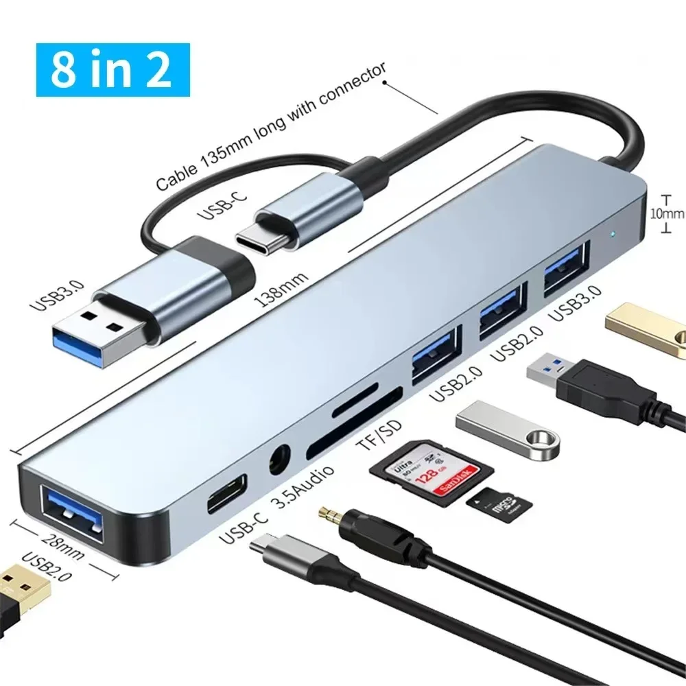 8 In 2 USB HUB With Splitter Card Reader, USB C Port, USB 3.0 / 2.0, SD/TF Splitter Card Reader, Docking Station
8 In 2 USB HUB With Splitter Card Reader, USB C Port, USB 3.0 / 2.0, SD/TF Splitter Card Reader, Docking Station