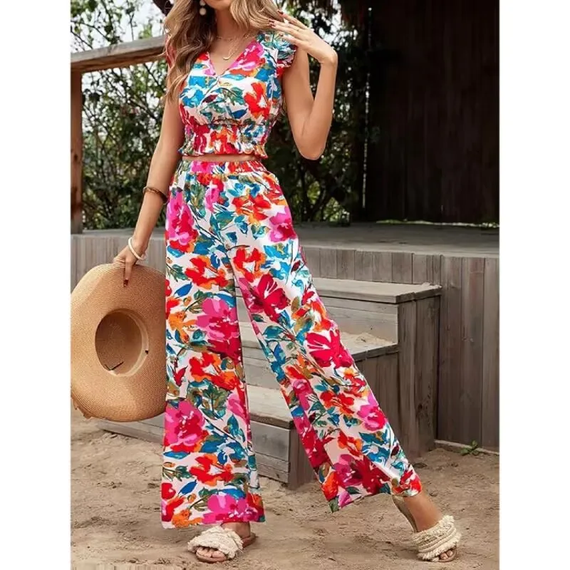 Pants Set V-Neck Flying Sleeve Slim Fit Short Top High Waist Wide Leg Pants Set Summer Flower Print Casual Vacation 2-Piece Set
Pants Set V-Neck Flying Sleeve Slim Fit Short Top High Waist Wide Leg Pants Set Summer Flower Print Casual Vacation 2-Piece Set