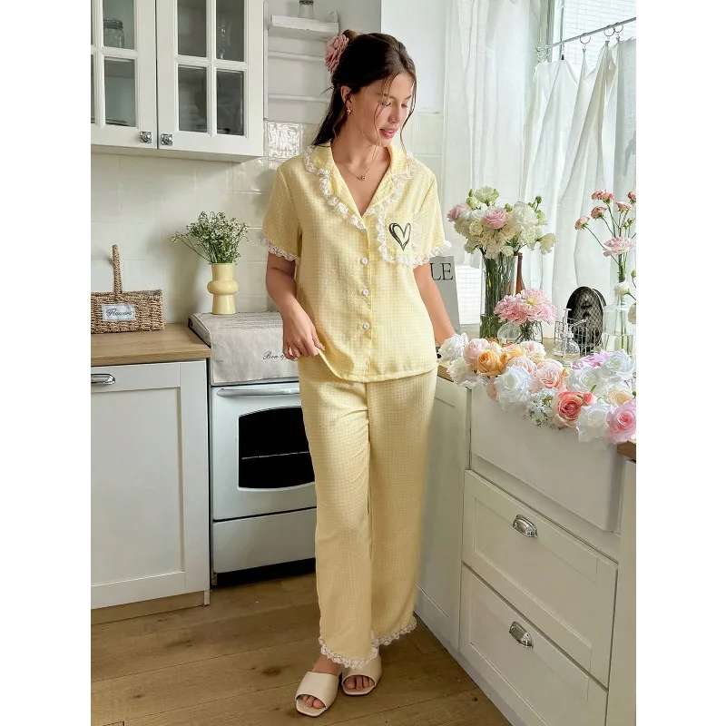 Yellow Plaid Lace Trim Contrast Heart Print Pocket Cardigan & Pants Pajama Set For Women Yellow Pajamas For Women Lemon Pajama
Yellow Plaid Lace Trim Contrast Heart Print Pocket Cardigan & Pants Pajama Set For Women Yellow Pajamas For Women Lemon Pajama
