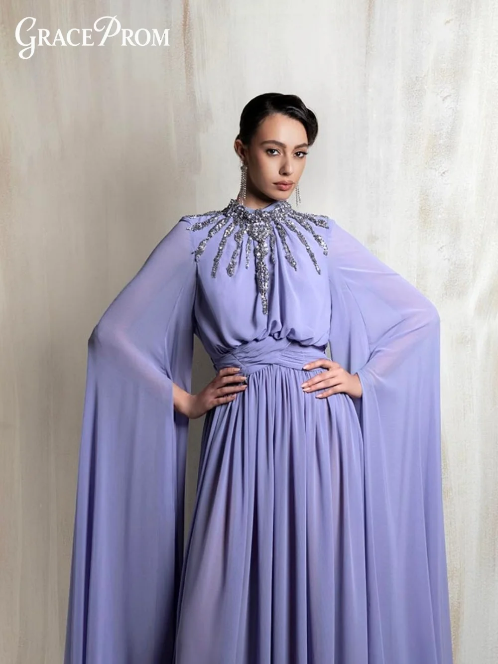 Glamorous Lavender Purple High Neck Cape Sleeve Evening Dress Exquisite Beading Sequins Party Dress A Line Formal Gown For Prom
Glamorous Lavender Purple High Neck Cape Sleeve Evening Dress Exquisite Beading Sequins Party Dress A Line Formal Gown For Prom