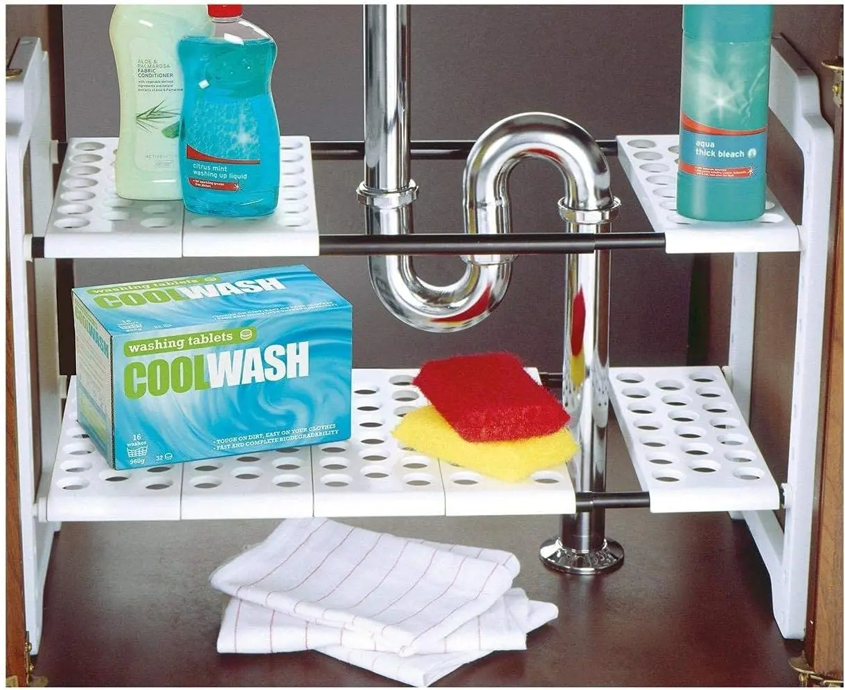 Under Sink Storage Box with Adjustable Shelves, White Plastic and Metal Design for Kitchen Organization
Under Sink Storage Box with Adjustable Shelves, White Plastic and Metal Design for Kitchen Organization