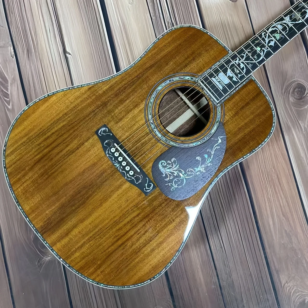 41-inch Dark Brown D Acoustic Guitar All Koa Body Ebony Fingerboard 6 Strings with Luxury Large Vase Design
41-inch Dark Brown D Acoustic Guitar All Koa Body Ebony Fingerboard 6 Strings with Luxury Large Vase Design