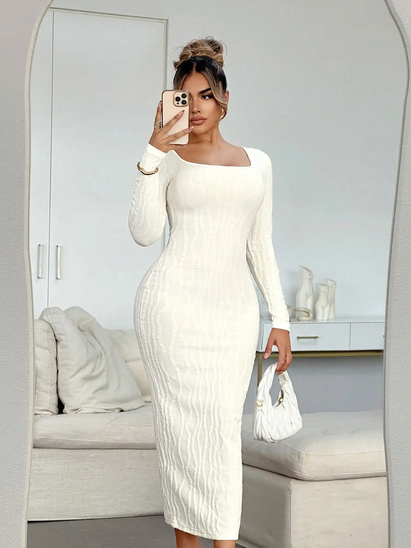 Cream Cable Knit Long Sleeve Square Neck Midi Dress for Women
Cream Cable Knit Long Sleeve Square Neck Midi Dress for Women