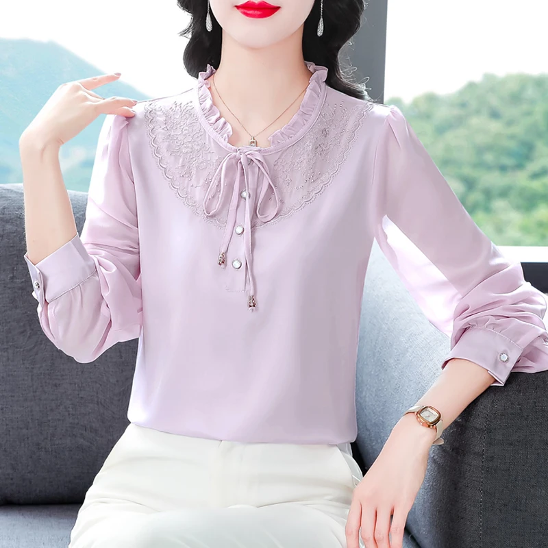 Elegant Fashion Silk Chiffon Shirt Spring Autumn Women Long Sleeve Patchwork Lace Tops Lace-up OL Blouse
Elegant Fashion Silk Chiffon Shirt Spring Autumn Women Long Sleeve Patchwork Lace Tops Lace-up OL Blouse