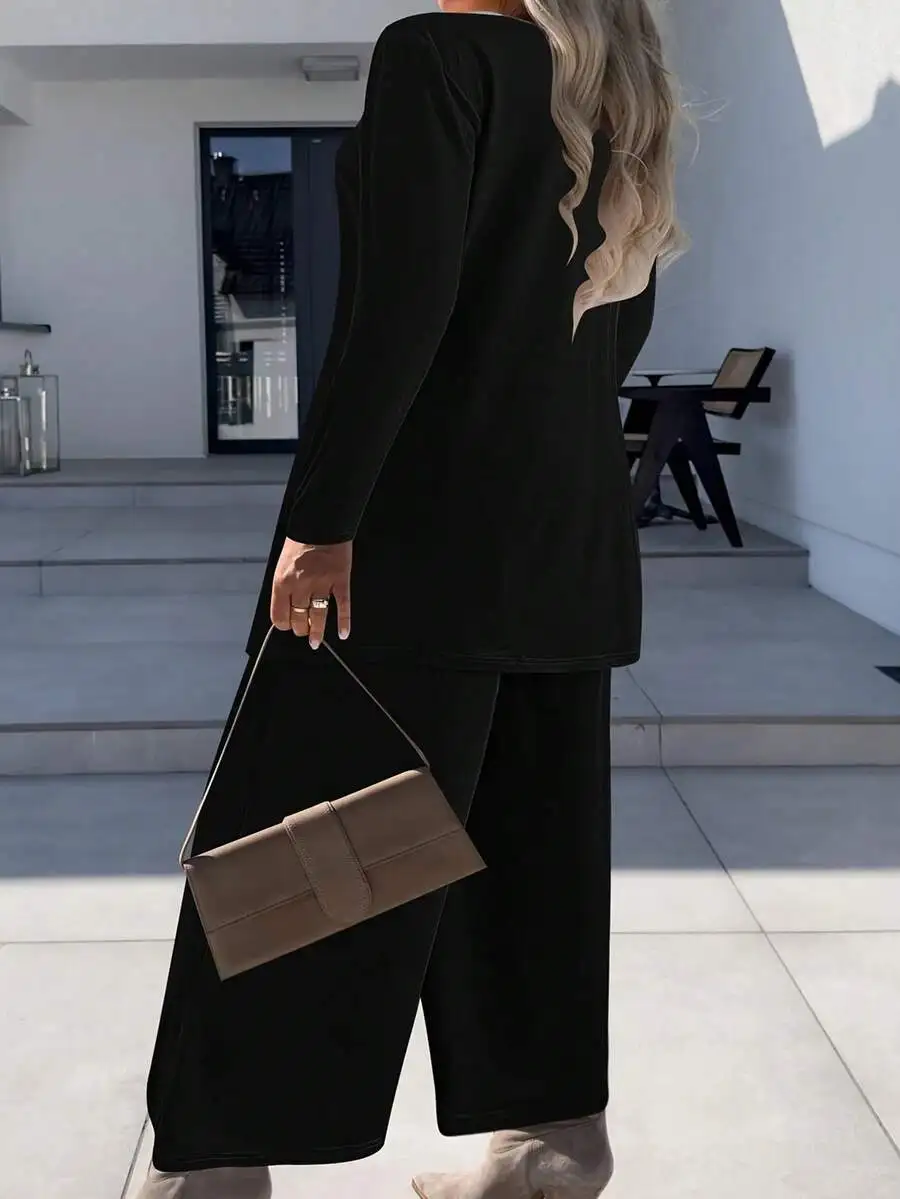 Womens Casual Three-Piece Set: Sleeveless Vest, Open-Front Long Sleeve Jacket, Loose Wide-Leg Pants
Womens Casual Three-Piece Set: Sleeveless Vest, Open-Front Long Sleeve Jacket, Loose Wide-Leg Pants