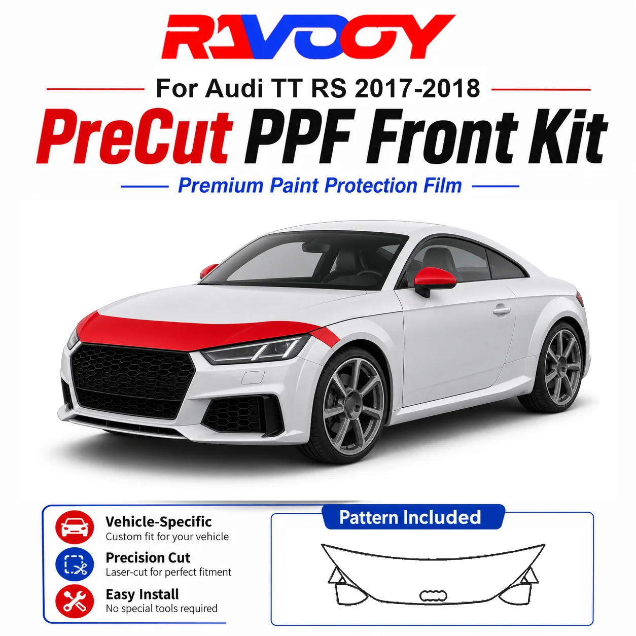 8.5mil TPU Precut PPF Kit For Audi TT RS 2017-2018 - Hood, Partial Fenders & Full Mirror Set - Self-Healing Gloss Clear Bra Film
8.5mil TPU Precut PPF Kit For Audi TT RS 2017-2018 - Hood, Partial Fenders & Full Mirror Set - Self-Healing Gloss Clear Bra Film