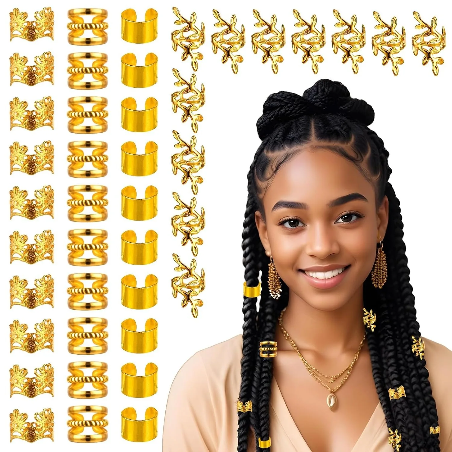 40Pcs Gold & Silver Sunflower Olive Branch Hollow Dreadlock Hair Rings | Party/Festival Banquet Wig Accessories
40Pcs Gold & Silver Sunflower Olive Branch Hollow Dreadlock Hair Rings | Party/Festival Banquet Wig Accessories
