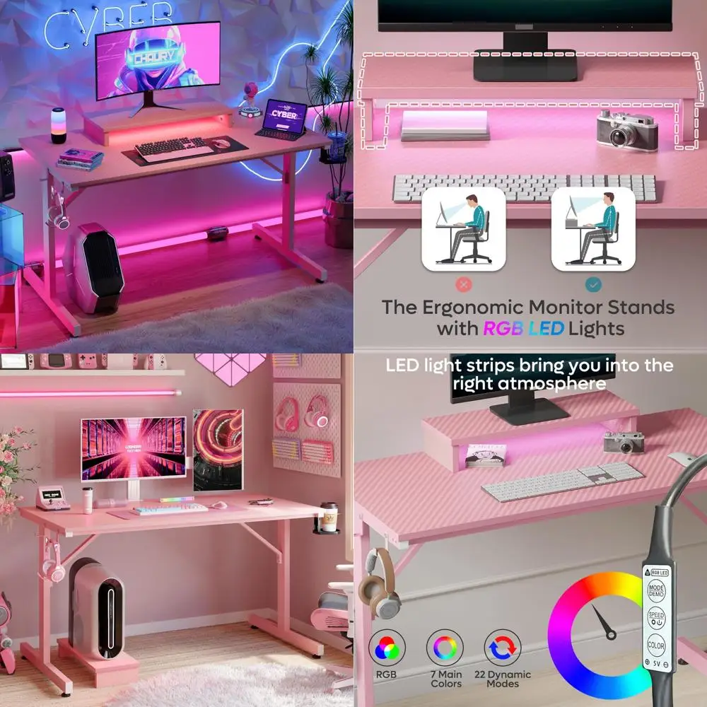Gaming Desk 42 Inch Pink LED Computer Desk with Monitor Stand, Cup Holder, and Headset Hooks for Gamer Workstation
Gaming Desk 42 Inch Pink LED Computer Desk with Monitor Stand, Cup Holder, and Headset Hooks for Gamer Workstation