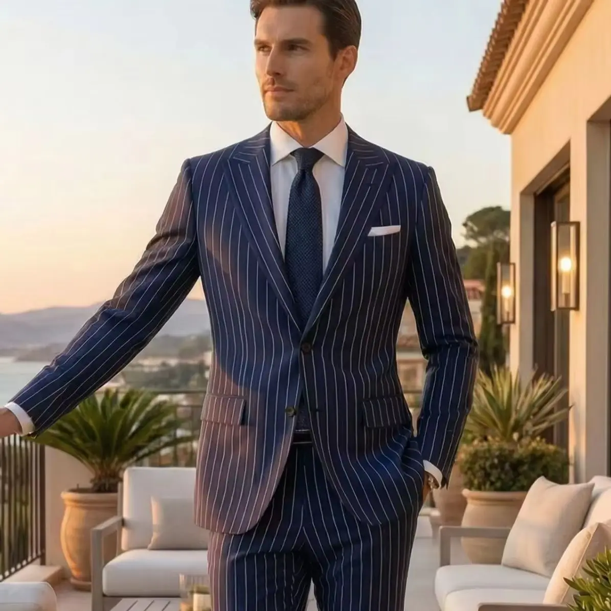 Slim Fit Two Piece Pinstripe Men's Suit Navy Blue Striped Tuxedo Notched Lapel Formal Wedding Business Groom Male Fashion
Slim Fit Two Piece Pinstripe Men's Suit Navy Blue Striped Tuxedo Notched Lapel Formal Wedding Business Groom Male Fashion