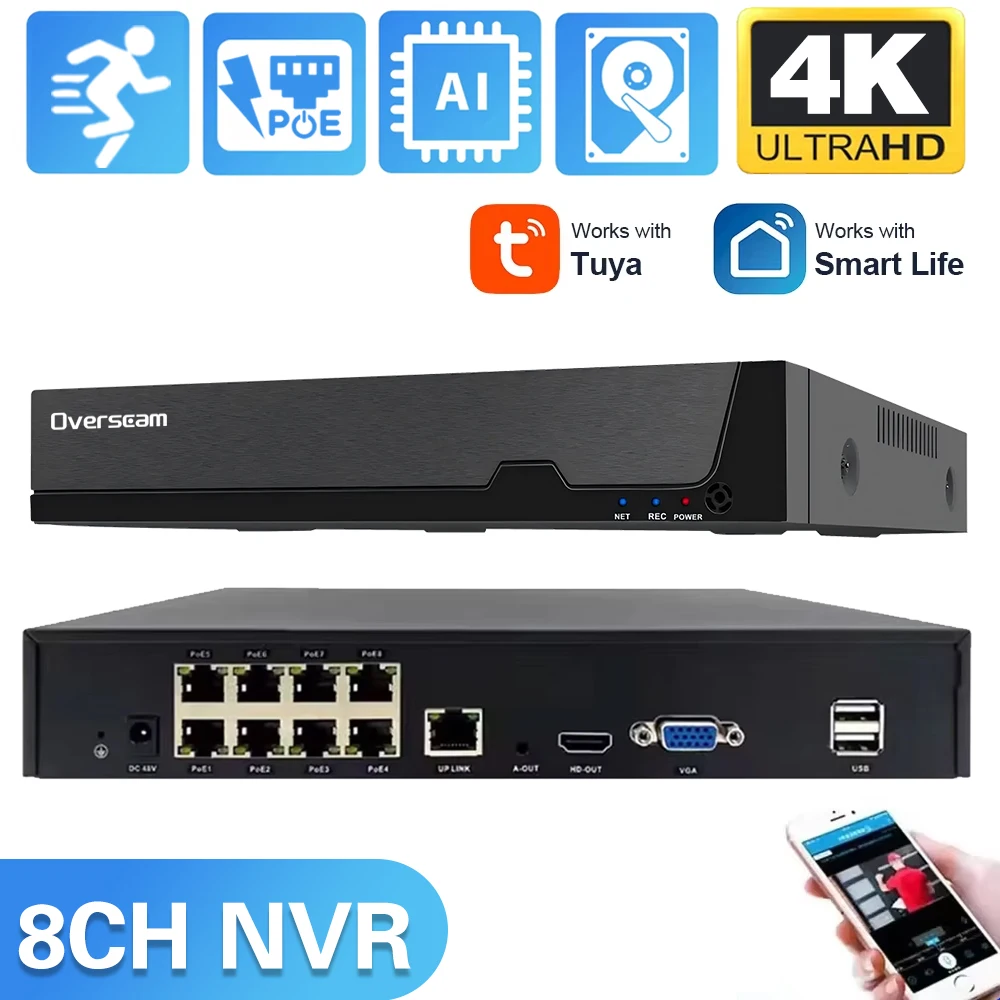 Overscam TUYA SMART LIFE 4K 8MP 8CH POE NVR CCTV Security System Human Detection Network Surveillance Cameras Video Recorder NVR
Overscam TUYA SMART LIFE 4K 8MP 8CH POE NVR CCTV Security System Human Detection Network Surveillance Cameras Video Recorder NVR