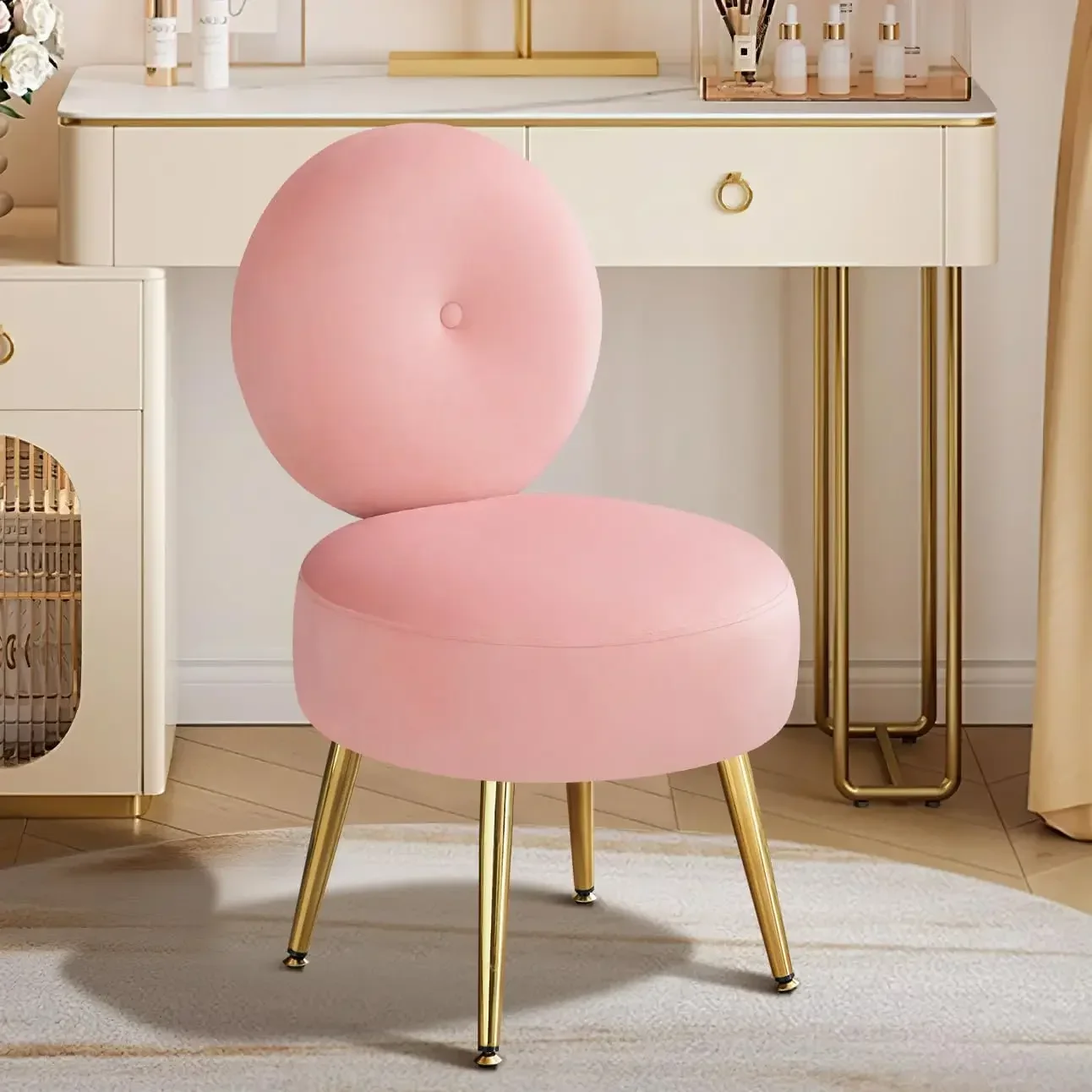Pink Vanity Stool Chair with Back, Cute Small Accent Chair Round Makeup Chair with Gold Legs for Vanity Bedroom Bathroom
Pink Vanity Stool Chair with Back, Cute Small Accent Chair Round Makeup Chair with Gold Legs for Vanity Bedroom Bathroom