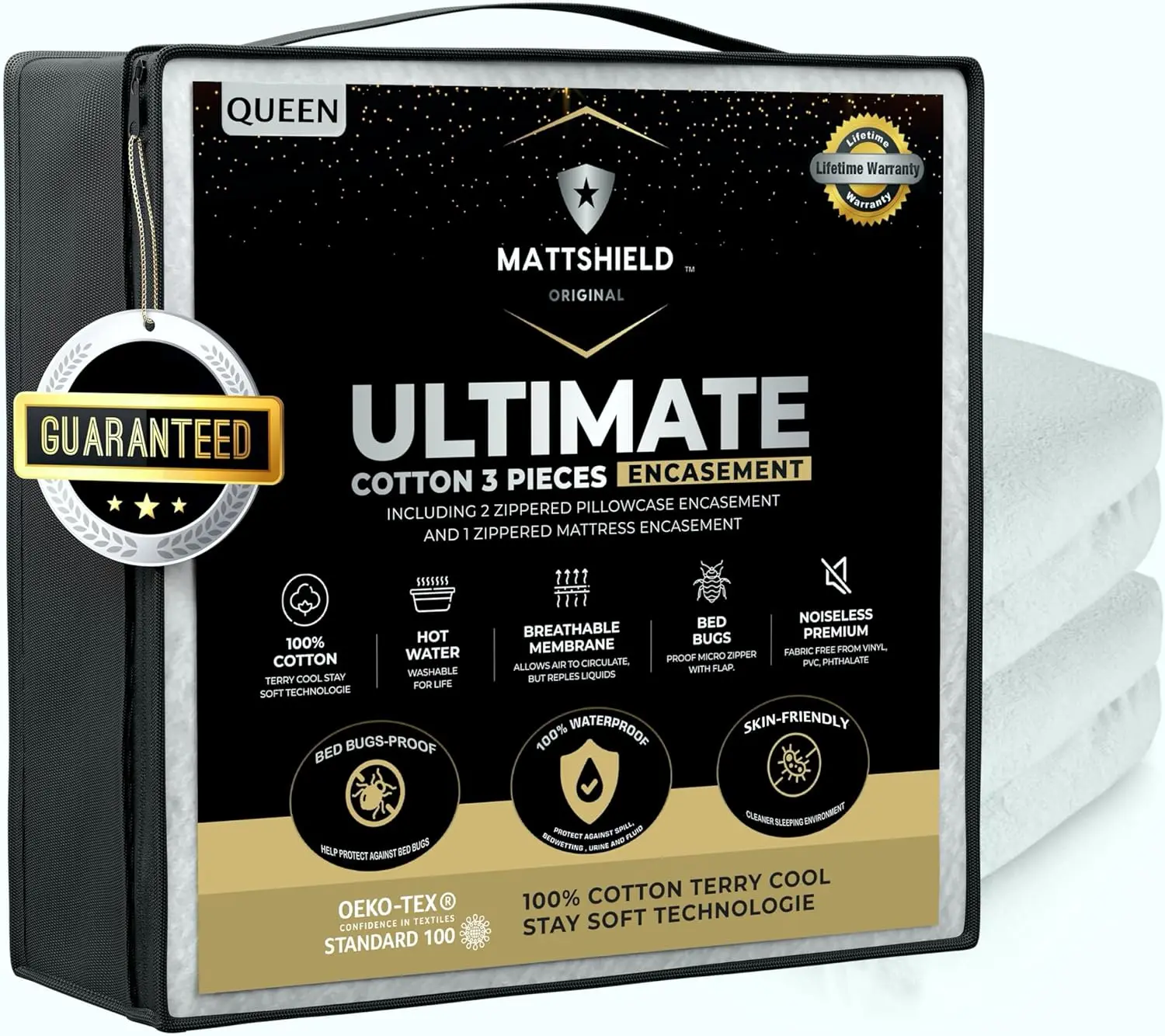 Комплект из 3 предметов Mattshield Ultimate — защитный чехол для матраса Queen Size, верх из 100% хлопка + 2 защитных подушки на молнии — 6
Комплект из 3 предметов Mattshield Ultimate — защитный чехол для матраса Queen Size, верх из 100% хлопка + 2 защитных подушки на молнии — 6