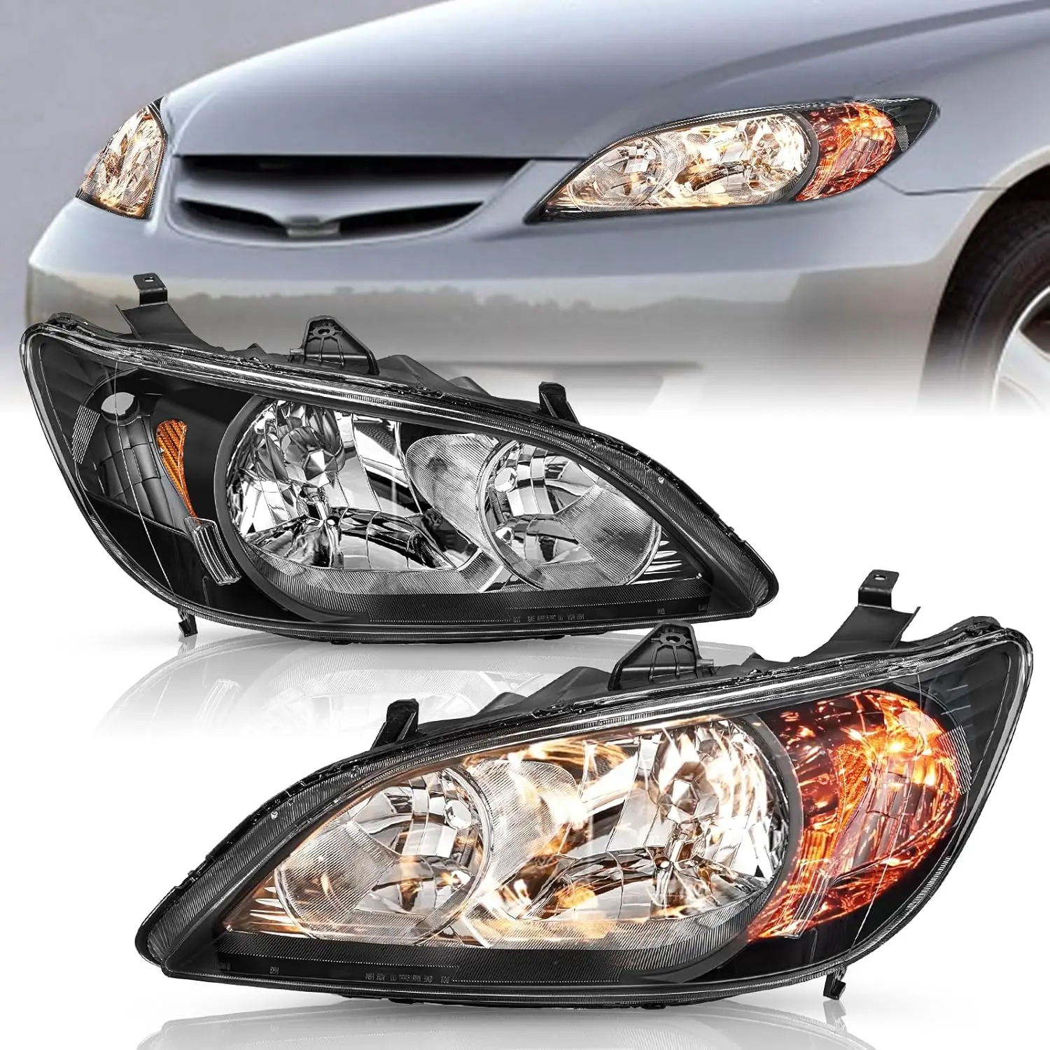 Комплект фар в сборе для Honda Civic 2004-2005 годов со стороны водителя и пассажира (черный корпус с янтарным отражателем)
Комплект фар в сборе для Honda Civic 2004-2005 годов со стороны водителя и пассажира (черный корпус с янтарным отражателем)