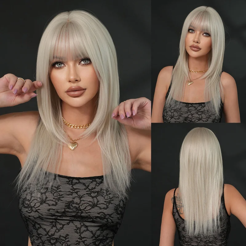 Women's silver-white layered straight hair with air bangs, party Halloween synthetic full head wig
Women's silver-white layered straight hair with air bangs, party Halloween synthetic full head wig