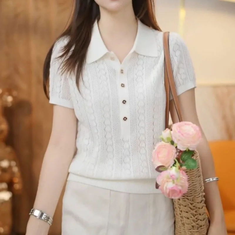 Women Clothing New Summer Turn Down Collar Knitted Sweater Women Pullovers Short Sleeve Knit Sweater Pullover Women Tops Q5187
Women Clothing New Summer Turn Down Collar Knitted Sweater Women Pullovers Short Sleeve Knit Sweater Pullover Women Tops Q5187