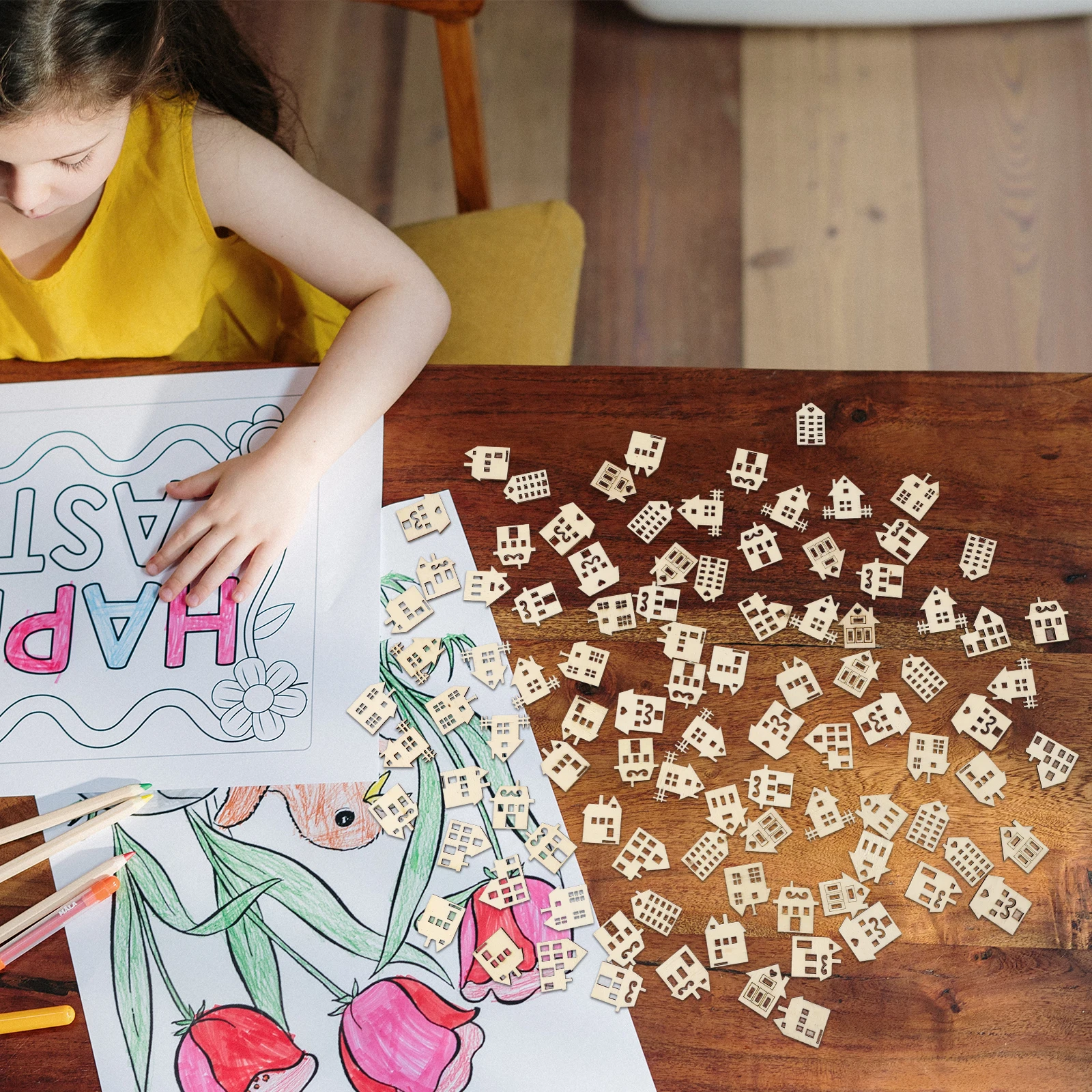 100Pcs Diy Wooden House Slices Unpainted Wood Chips For Kids Fun Creative Graffiti Handpainted Toys
100Pcs Diy Wooden House Slices Unpainted Wood Chips For Kids Fun Creative Graffiti Handpainted Toys