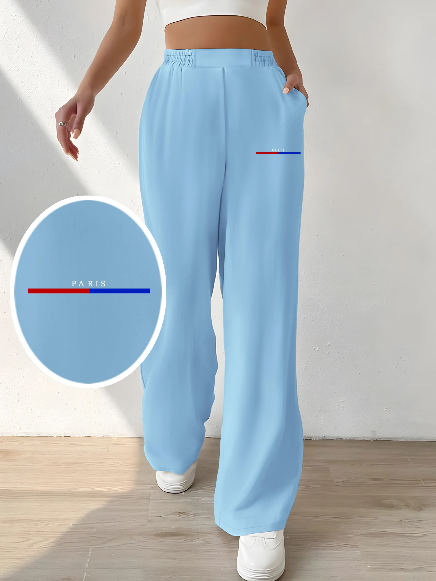 Women's Paris Letter Stripe Print High Waist Wide Leg Sweatpants, Casual Elastic Waist Light Blue Streetwear Trousers
Women's Paris Letter Stripe Print High Waist Wide Leg Sweatpants, Casual Elastic Waist Light Blue Streetwear Trousers