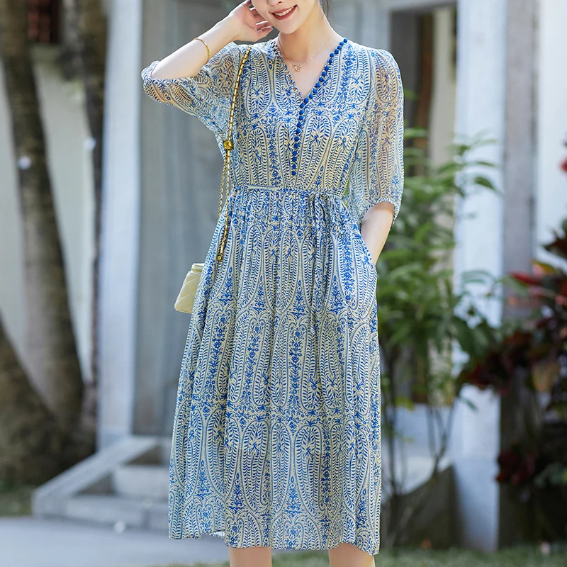 100% Real Silk Summer Dresses for Women 2026 Elegant V-neck Three Quarter Sleeve Print Women's Vintage Long Dress A-line
100% Real Silk Summer Dresses for Women 2026 Elegant V-neck Three Quarter Sleeve Print Women's Vintage Long Dress A-line