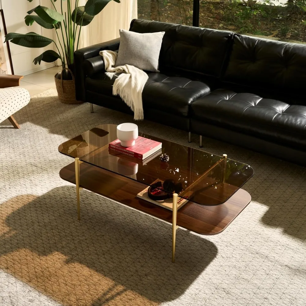 "double layer oval glass coffee table for living room - brown glass top with coffee brown mdf bottom shelf"
"double layer oval glass coffee table for living room - brown glass top with coffee brown mdf bottom shelf"