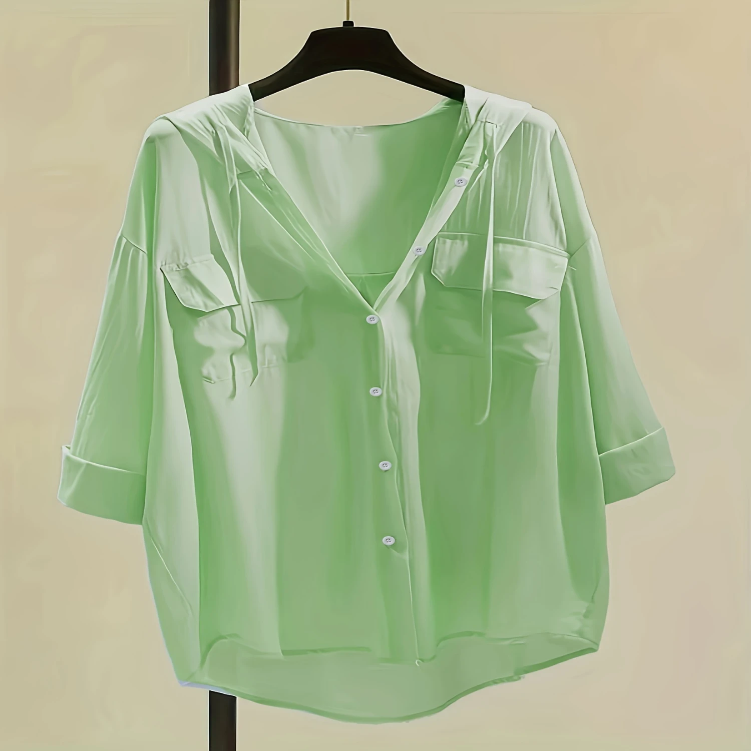 Solid Pocket Button Hooded Blouse, Casual Drawstring Blouse For Spring & Summer, Women's Clothing
Solid Pocket Button Hooded Blouse, Casual Drawstring Blouse For Spring & Summer, Women's Clothing