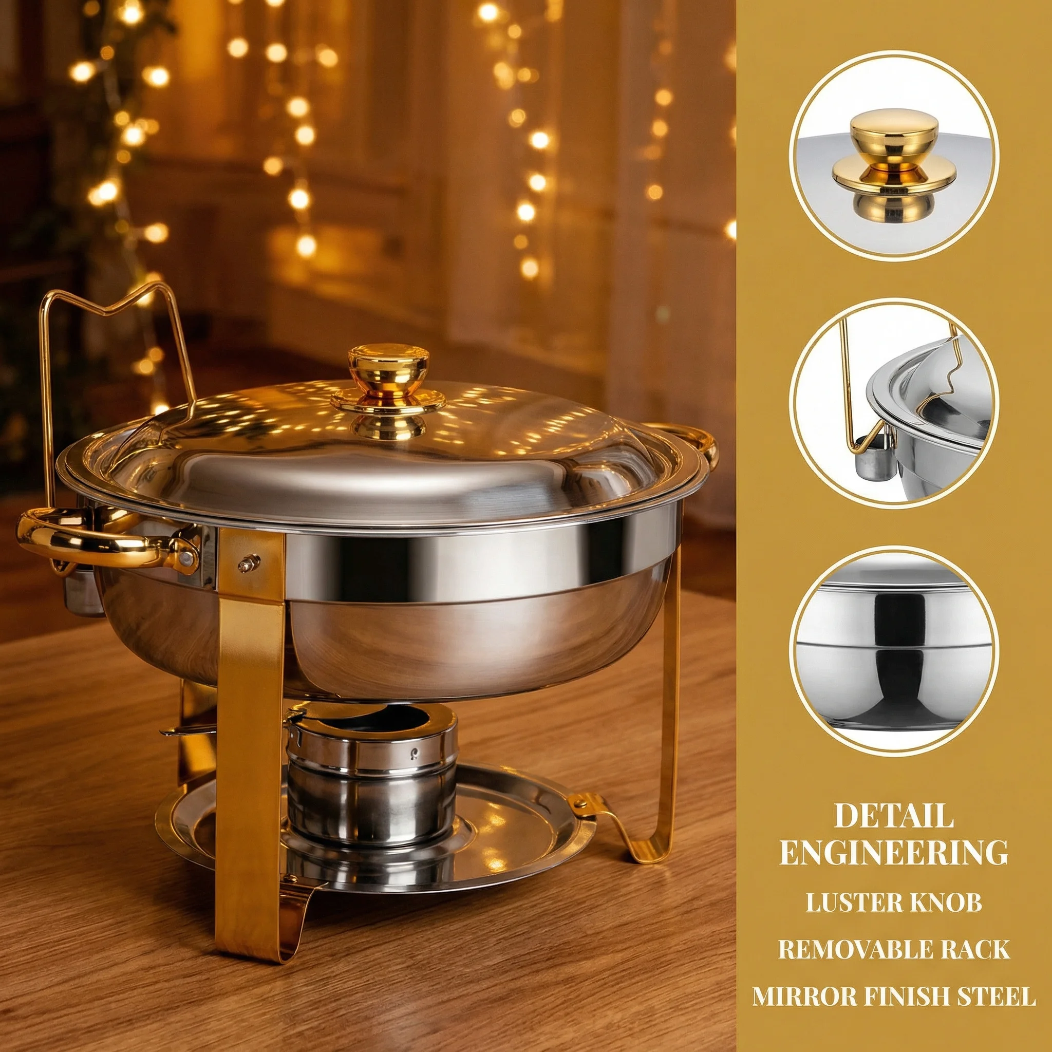 8in Gold Stainless Steel Chafing Dish | Round Chafer for Buffet with Removable Lid Holder | Commercial Buffet Warmer Set for Par
8in Gold Stainless Steel Chafing Dish | Round Chafer for Buffet with Removable Lid Holder | Commercial Buffet Warmer Set for Par