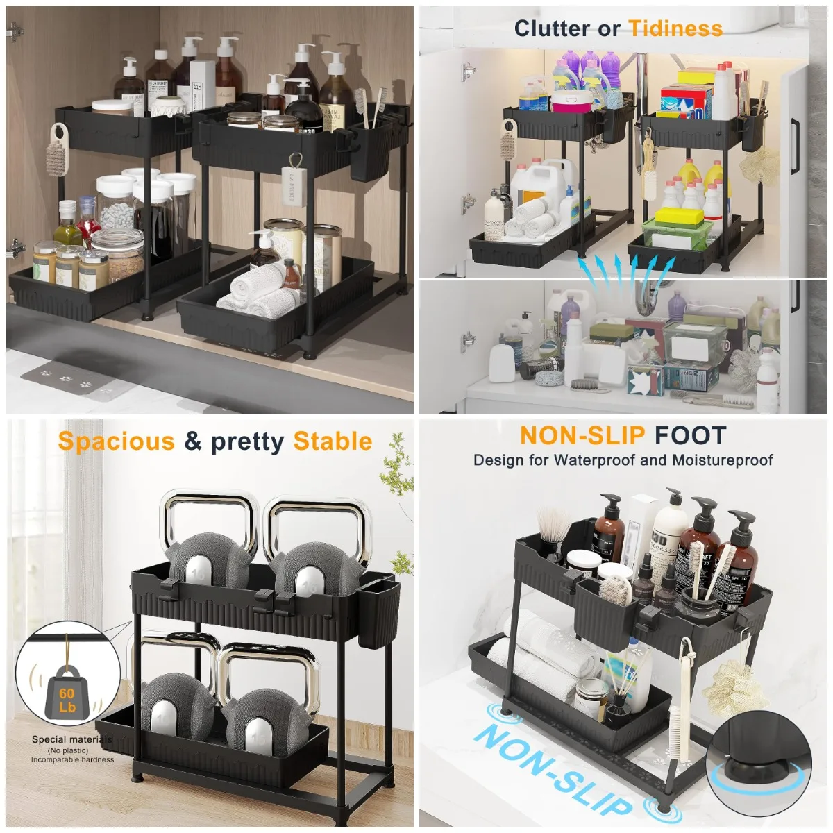 2 Pack L-Shaped Under Sink Organizer, Black, with Hooks for Bathroom & Kitchen
2 Pack L-Shaped Under Sink Organizer, Black, with Hooks for Bathroom & Kitchen