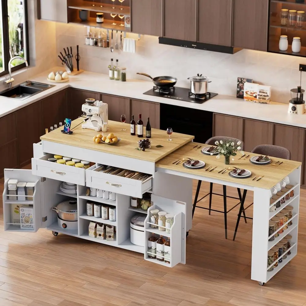 Expandable Dining Kitchen Island with Storage, Rolling Cart, Cabinets, Power Outlet, Spice & Towel Racks
Expandable Dining Kitchen Island with Storage, Rolling Cart, Cabinets, Power Outlet, Spice & Towel Racks
